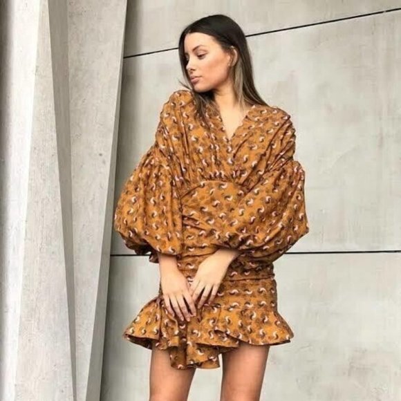 Acler Dresses & Skirts - Acler Dorset Mini Dress Long Puff Sleeves Rouched Silk Blend Brown Pink Size 8